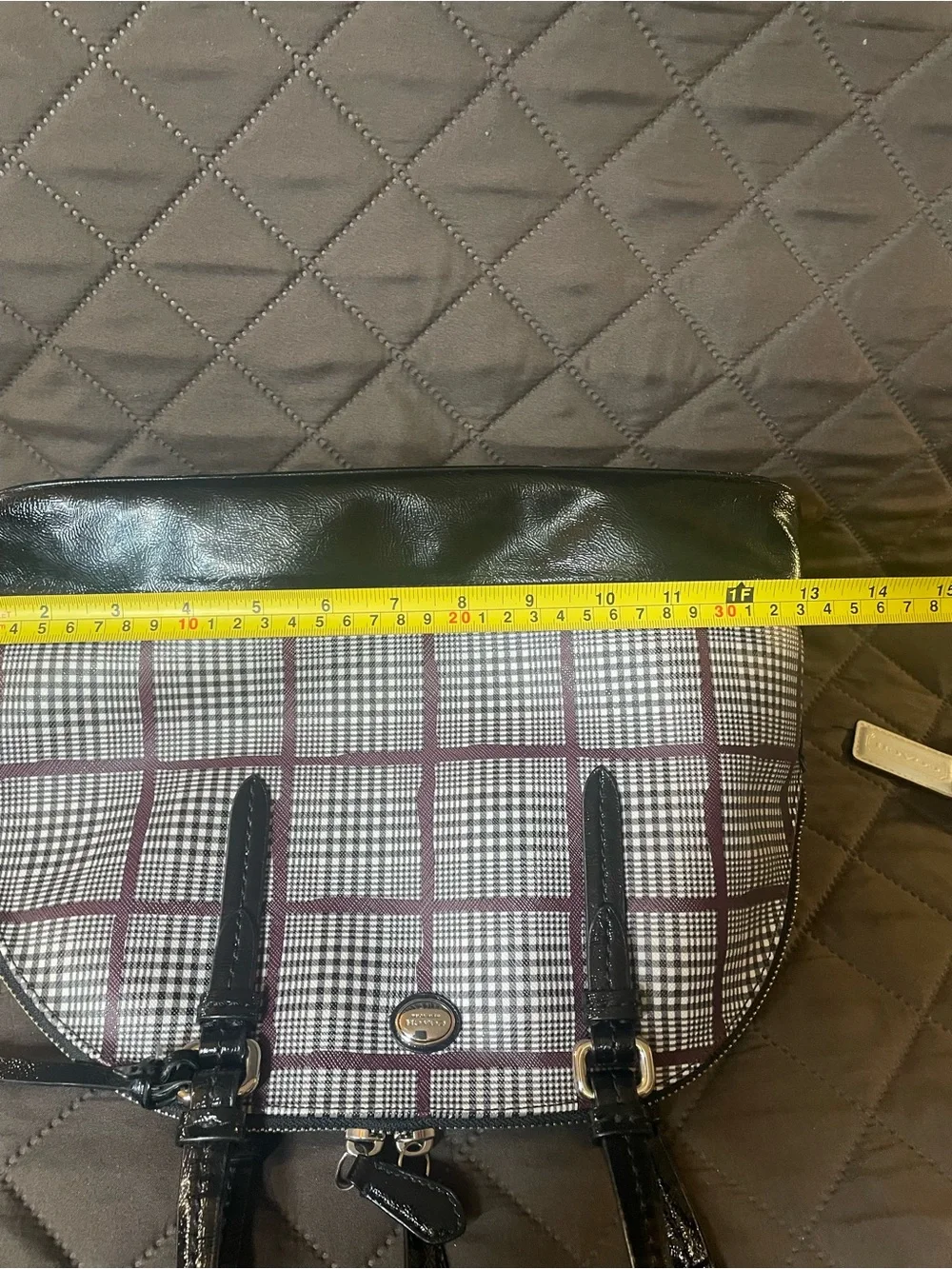 Coach Black Patent Leather Cora Glen Plaid Dome Satchel with Burgundy Accents